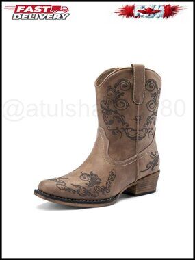 Women's Square Toe Western Ankle Boots Vegan Leather Side Zip Cuban Heel